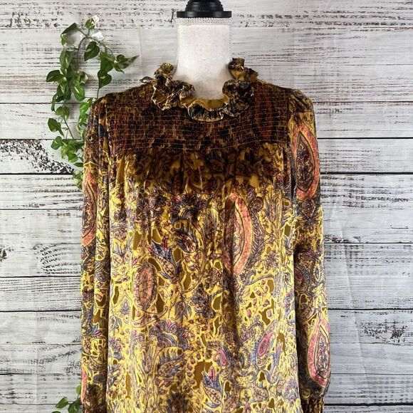 Ivy Jane Blouse Top size Extra Small Gold Blue Paisley Velour Smocking Peasant - Picture 2 of 13